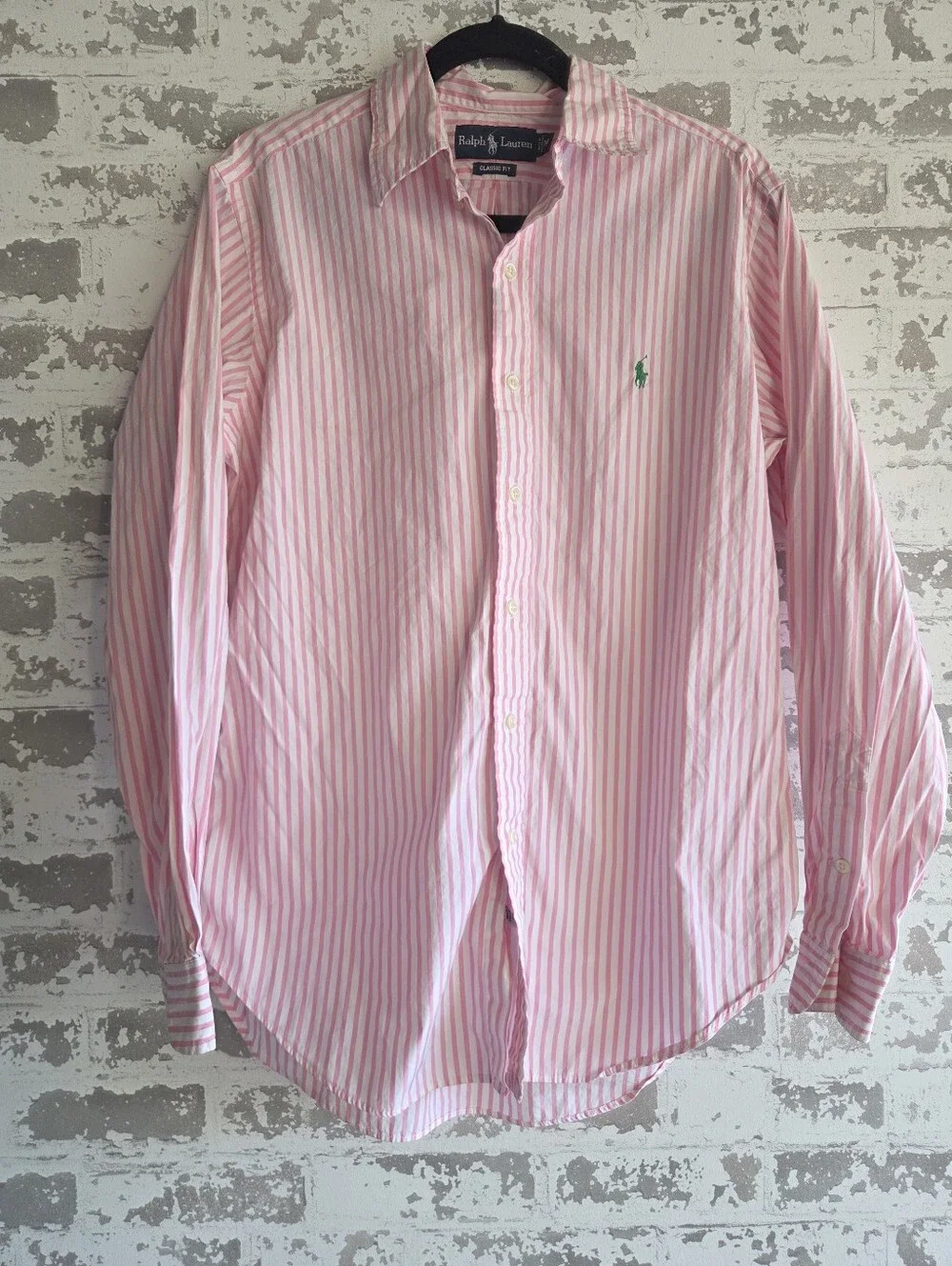 ​Ralph Lauren Mens Pink White Striped Classic Fit Button Up Shirt Medium